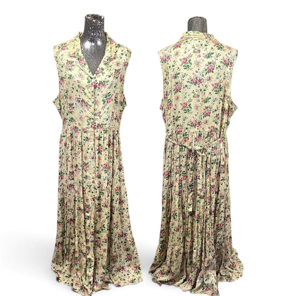 Vintage Jewel Queen Floral Maxi Dress Button Front Tie Back Cottagecore Size 16
